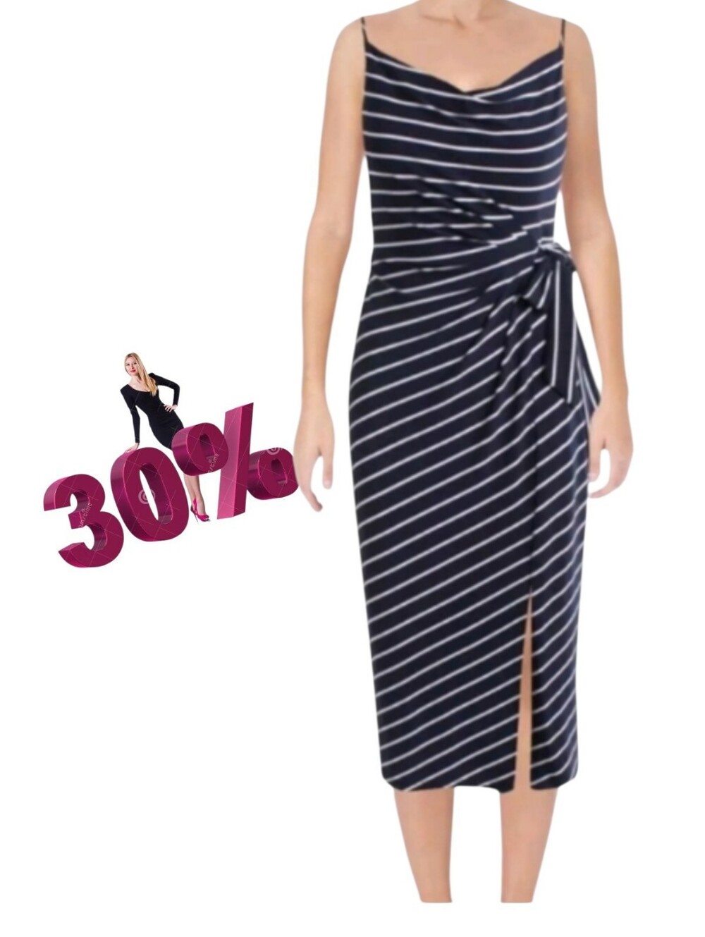 Lauren Ralph Lauren Navy White Striped Tie-Waist Midi Dress Sz 4